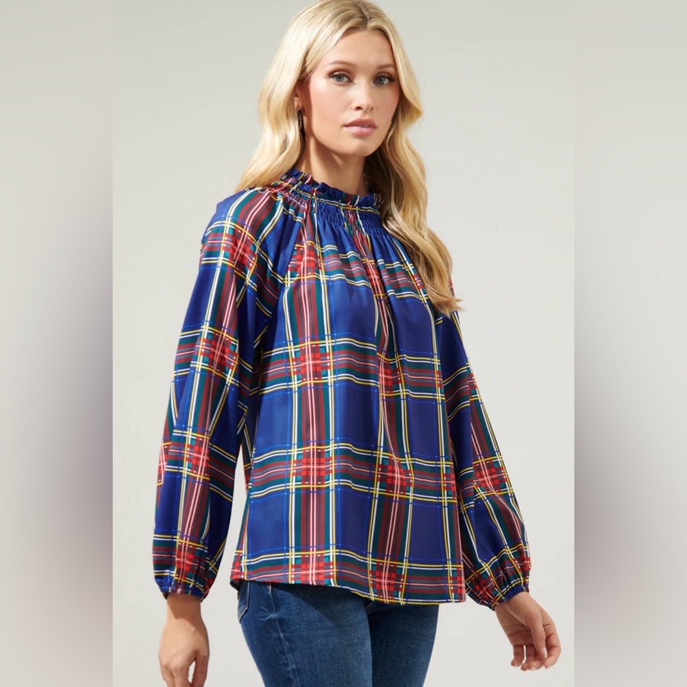 ❤️ Sugarlips Plaid Smocked‎ Ruffle Blouse Medium ❤️